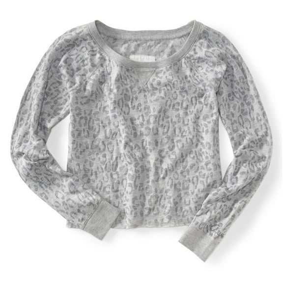 Aeropostale Womens Sleeve Leopard Print Cut-off Knit Sweater, Grey, Juniors, X-Large