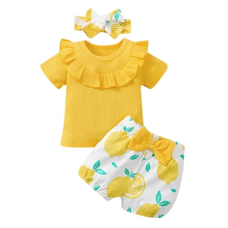 

HIBRO Toddler Girls Short Sleeve Ruffles Ribbed Tops T Shirt Lemon Printed Shorts Headbands Outfits 8 Shirt Mom And Baby Girl Matching Outfits for Winter