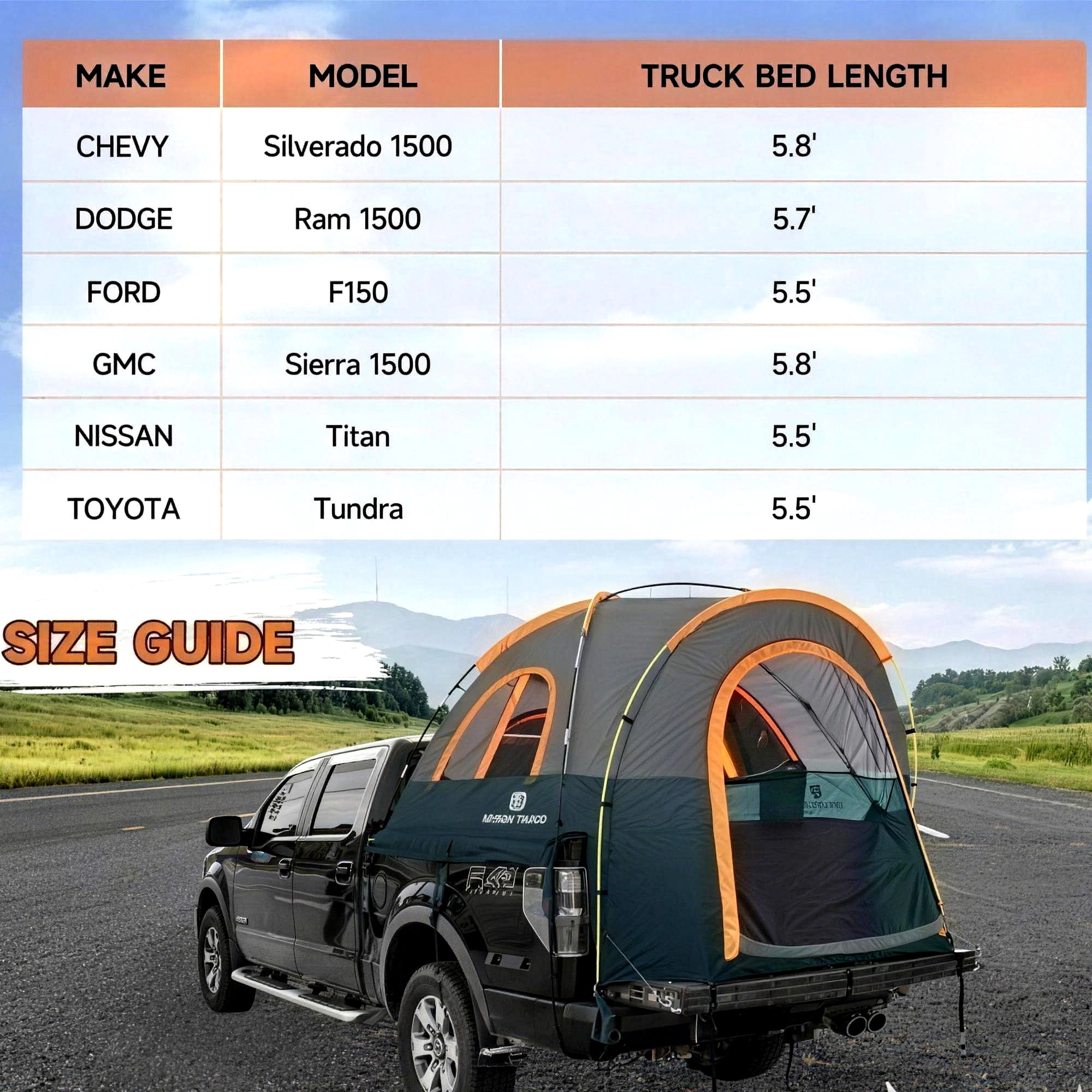 Umbrauto 5.5-6ft Truck Bed Tent, PU3000mm Waterproof 2-Person Pickup Camper Tent, Green & Orange