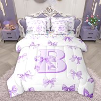 Homewish Purple Ribbon Letter B Bedding Comforter Set 7pcs, Cartoon Cute Monogrammed Queen Bedding Sets, Fairy Tale Theme Reversible Queen Sheet Sets, Breathable Home Decor