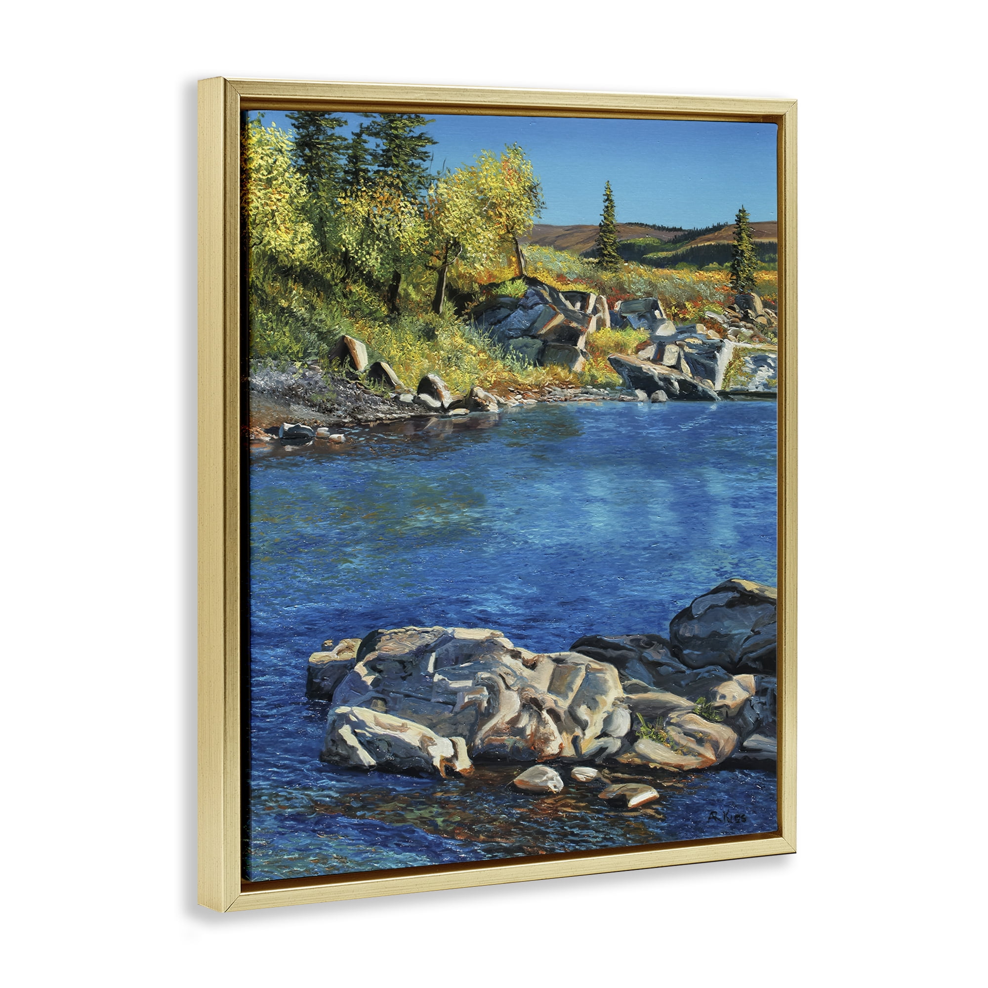 Stupell Industries Rocky River Landscape Landscape & Nature Painting Gold Floater Framed Canvas Art Print Wall Art, 17 x 21