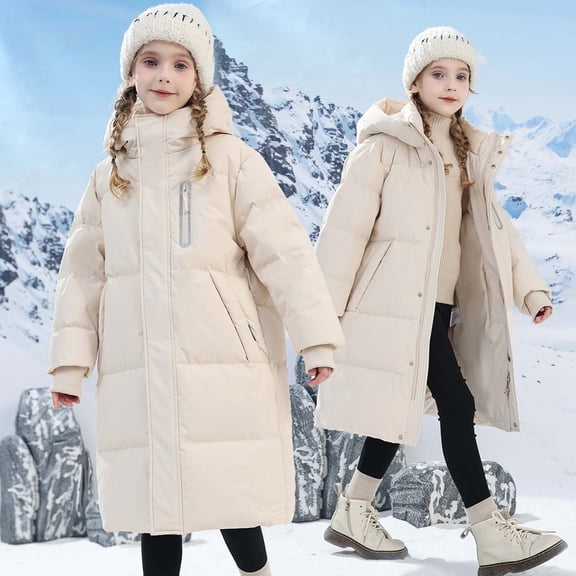Wangmeiwg Girls Insulated Long Down Coat Winter Warm Jacket Youth Outerwear For Cold Weather 8-9 Years Khaki