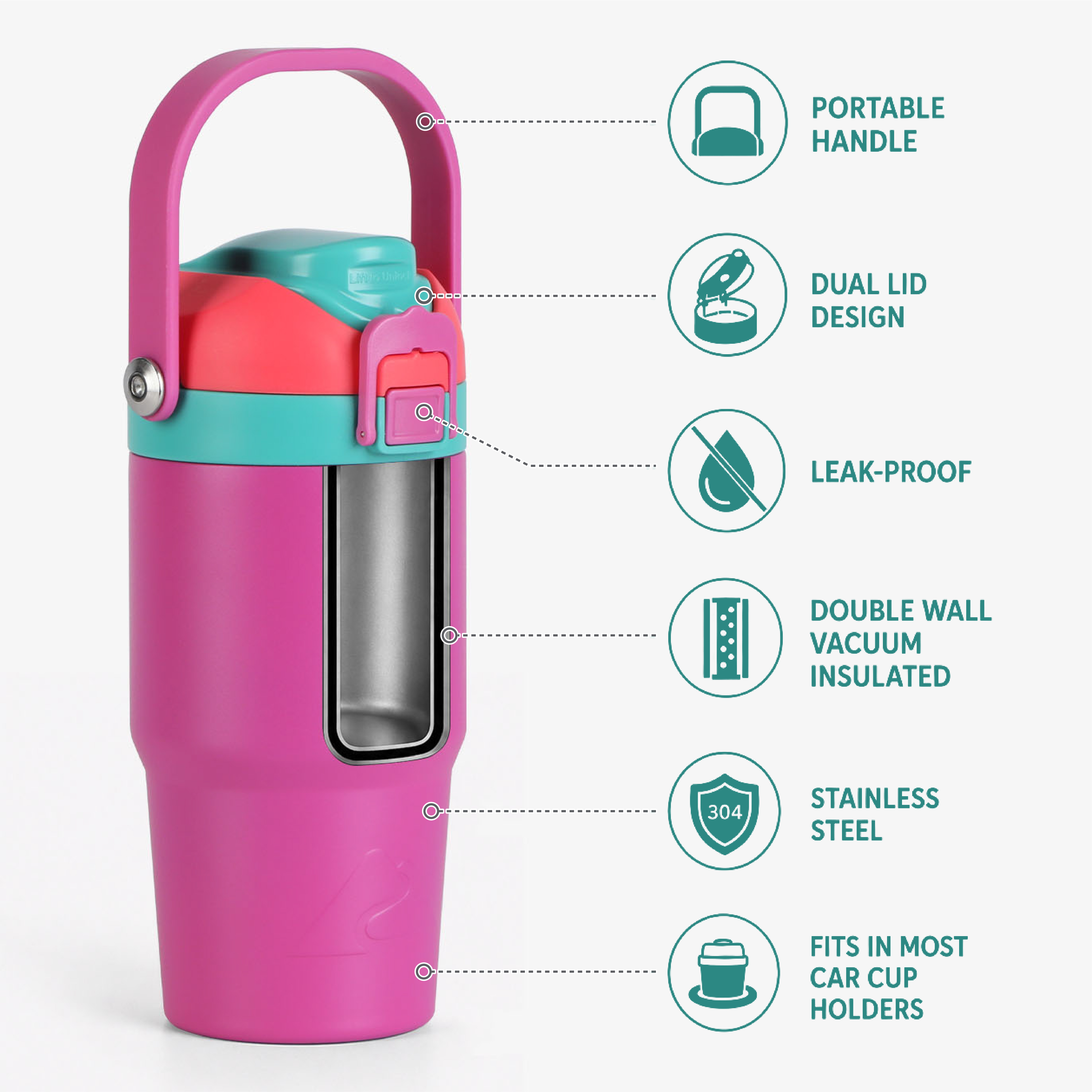 Vaso de acero inoxidable de doble pared al vacío de 18 oz con tapa dual para sorber y verter, rosa 3
