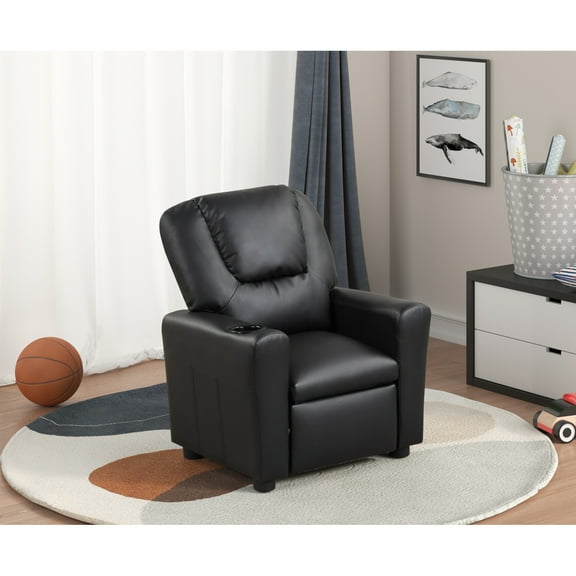 Miekor Furniture Marisa 23" Black PU Leather Kids Recliner Chair with Cupholder 36487