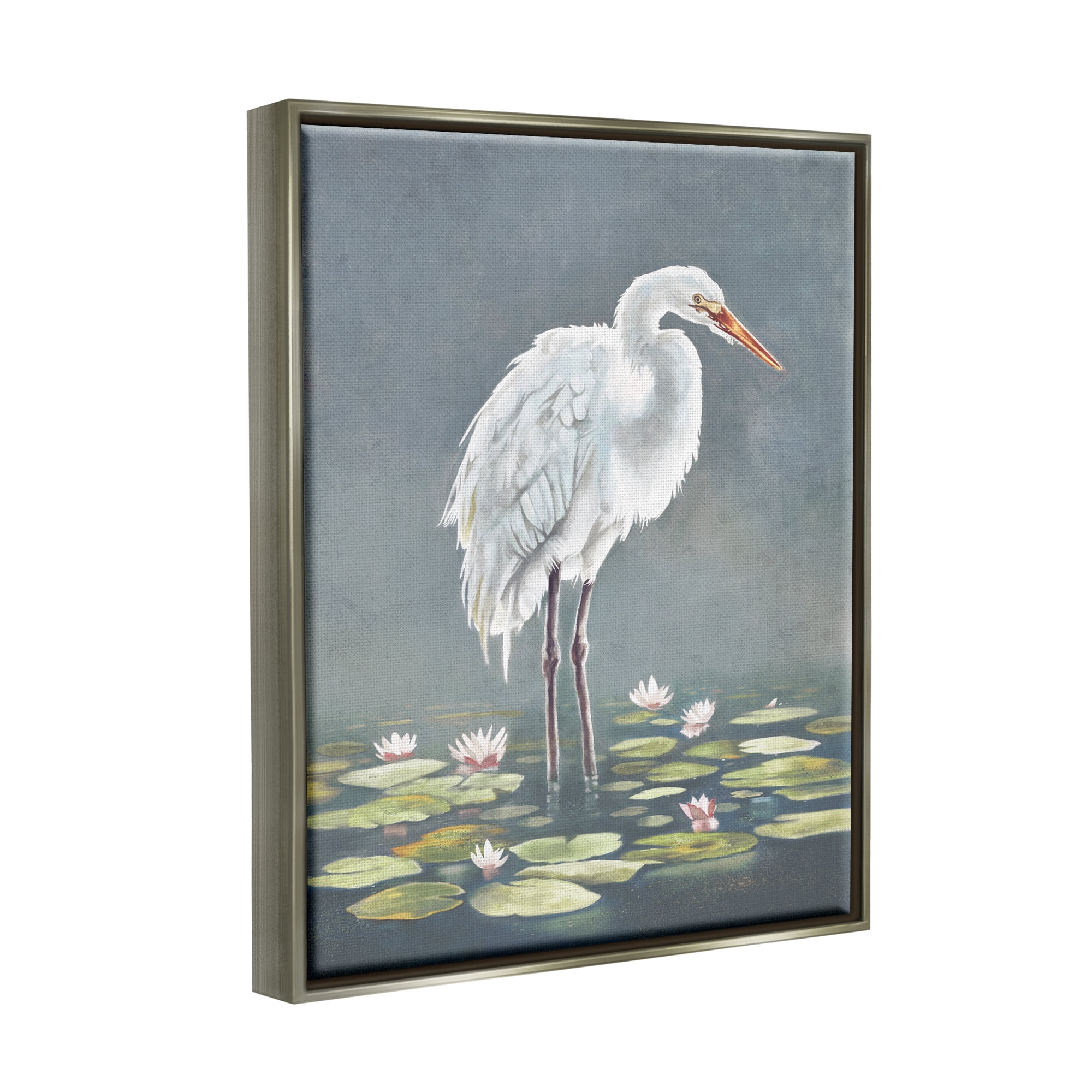 Stupell Industries White Heron & Pond Lilies Animals & Insects Painting Gray Floater Framed Canvas Art Print Wall Art, 25 x 31
