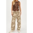 thumbnail image 5 of sicmoss Women's Khaki Y2K Distressed Barrel Jeans Baggy Wide Leg Floral Print Long with Patchwork, 5 of 6