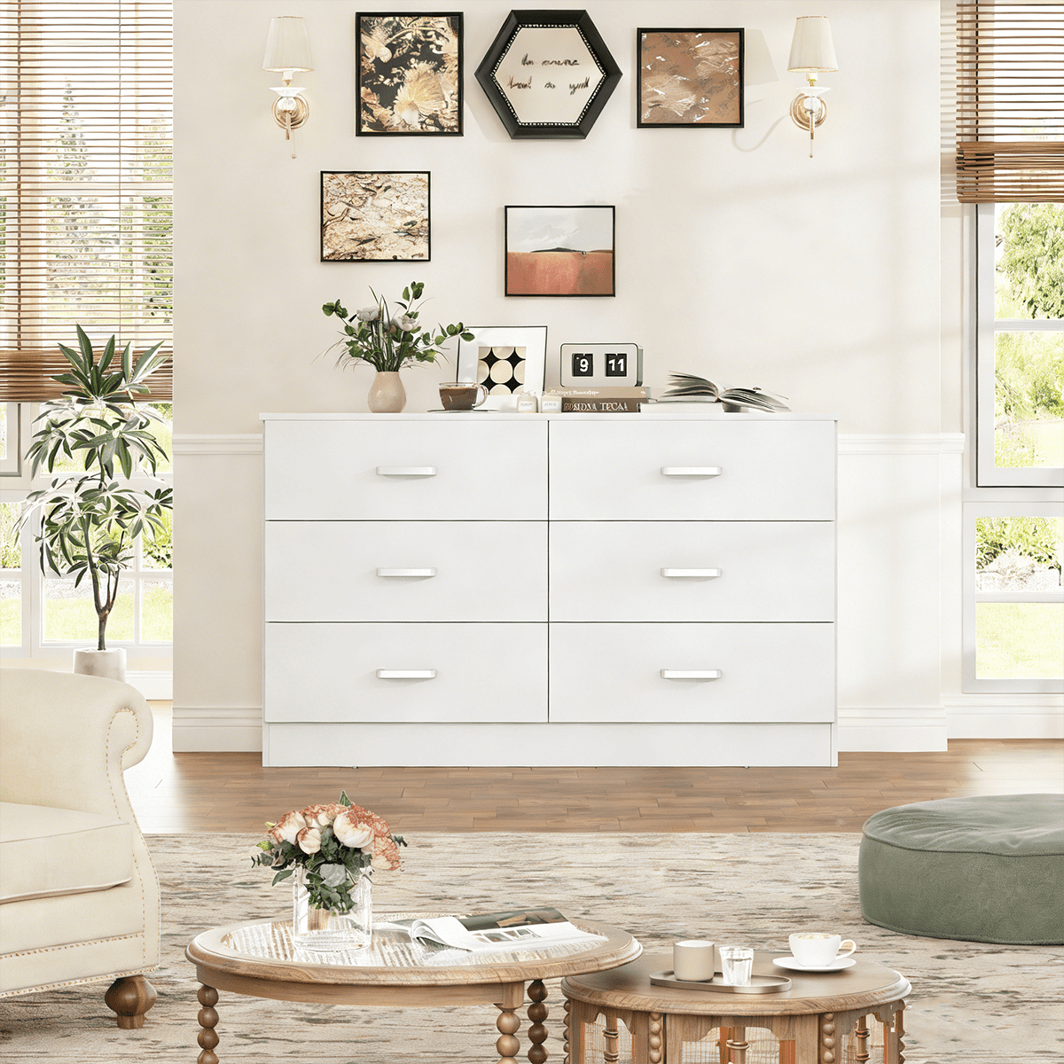 Winkalon White Dresser for Bedroom, 6 Drawer Dresser Chest of Drawers, Wood Dressers for Closet, Wide Modern Dressers for Living Room, Hallway, Entryway, TV Stand, White