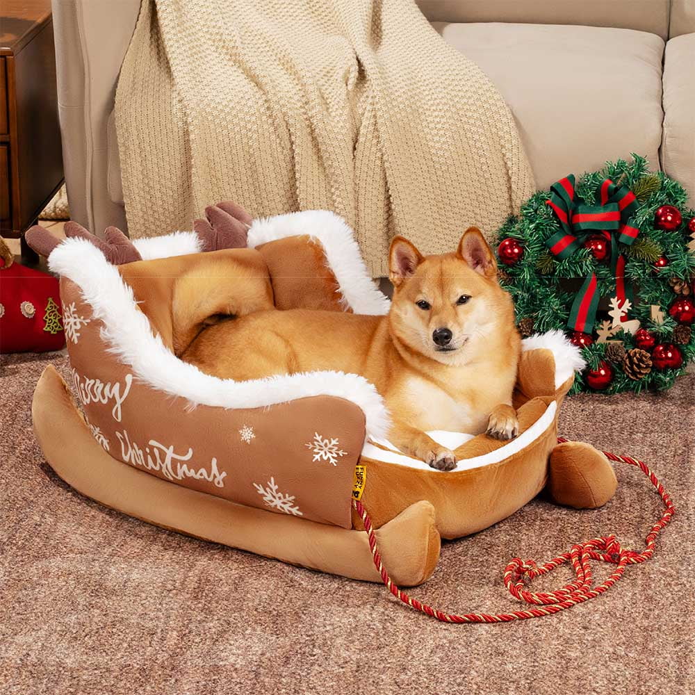 Santa Claus Sleigh Style Dog Bed, Christmas Paws Holiday Pet Bed with Non Slip Base, Calming Dogs Beds, Dogs Sleigh Beds Washable Long-Lasting