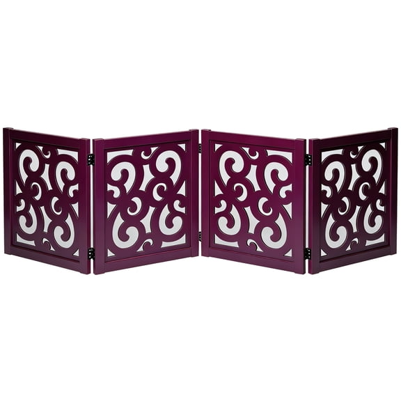 Ashfield & Harkness: 4-Panel Pet Gate - Scroll Mahogany - Wooden Foldable Freestanding Dog Fence, 80 x 23.5", Doorway-Halls-Stairs, 360 Rotated Hinges