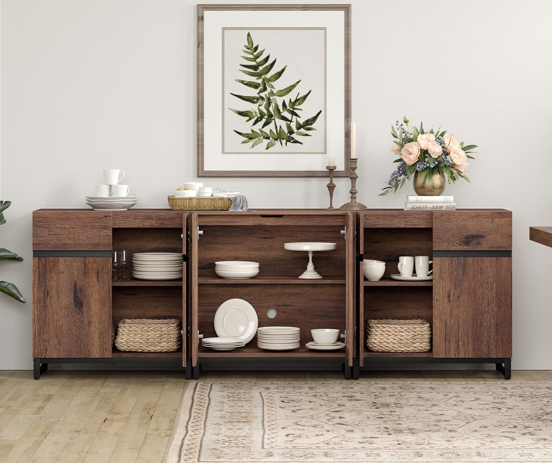 Modern Sideboard With Adjustable Shelves, 3 In 1 Storage Cabinet With Glass Doors, Coffee Bar Cabinet For Living Room, Kitchen,Brown