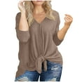 thumbnail image 3 of BLVB Womens Plus Size Tops Long Sleeve V Neck Knit Tunic Blouse Tie Front Button up T Shirts Fashion Clothes Khaki, 3 of 6