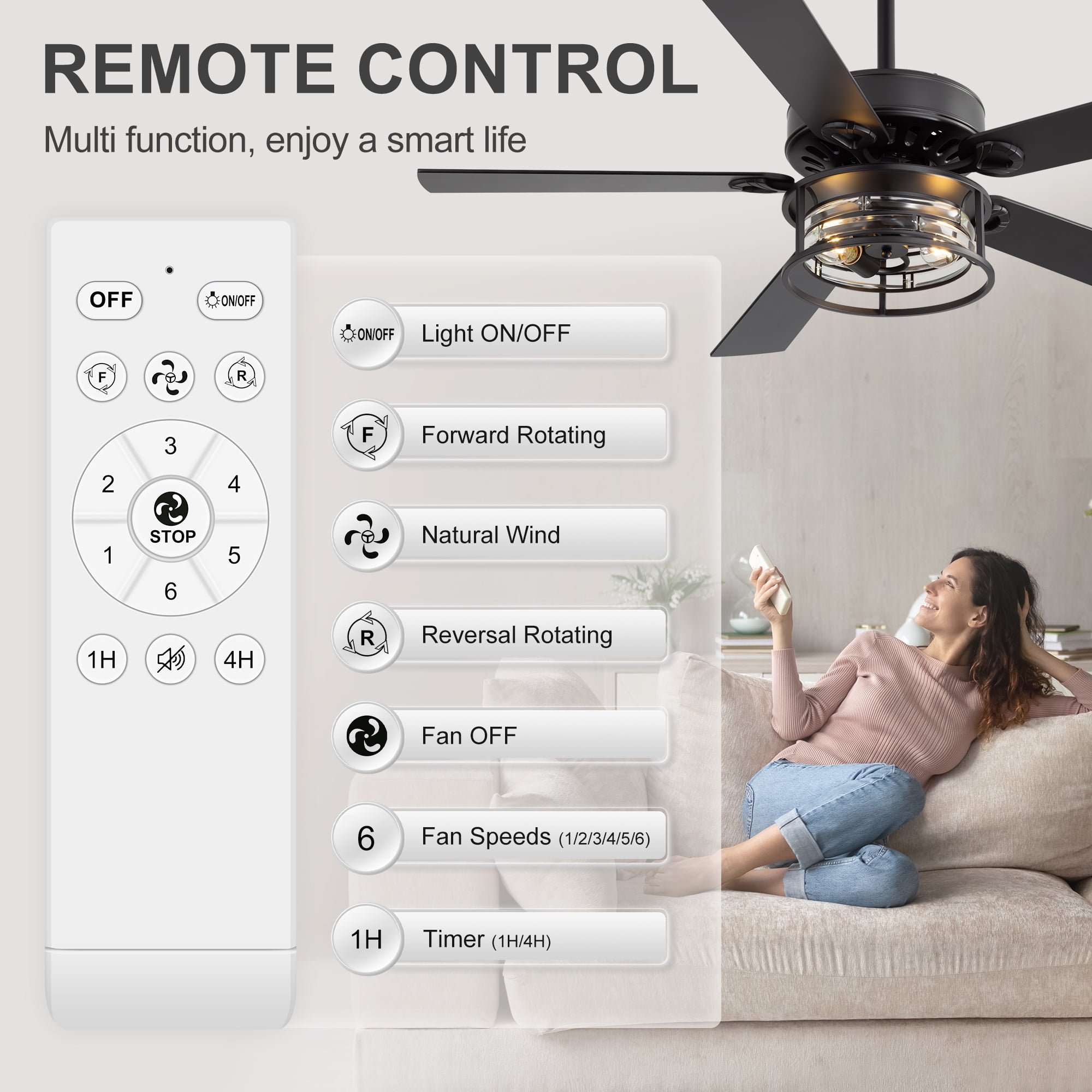 ALKAFY 52 inch Matte Black Traditional Ceiling Fan with Light - Remote, for Bedroom/Living Room/Kitchen
