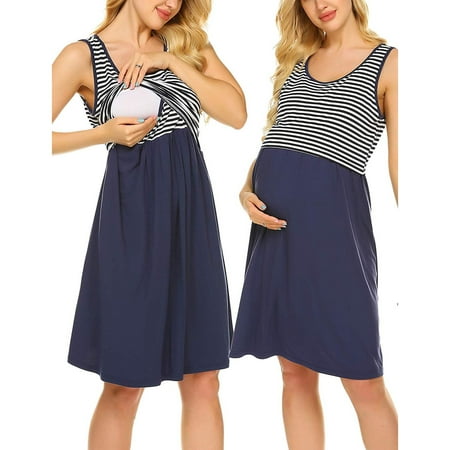 

PatPat Maternity Stripes Color block Knee length Parachute skirt Sleeveless Nursing Dress
