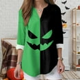 thumbnail image 2 of Kaprioy Halloween Shirts for Women 3/4 Sleeve Tops Halloween Block Color Pumpkin Printed V Neck Fall Fashion Blouse Funny Tops Light Green, XL, 2 of 5