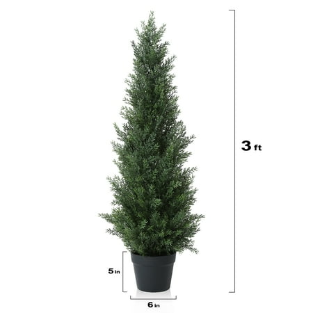 DR.Planzen Artificial Cedar Tree 2 Pack 3 ft Outdoor Artificial Topiary Cedar Plants Fake Tree UV Rated Potted Plants for Porch Decor Faux Pine Tree for Perfect Housewarming Gift