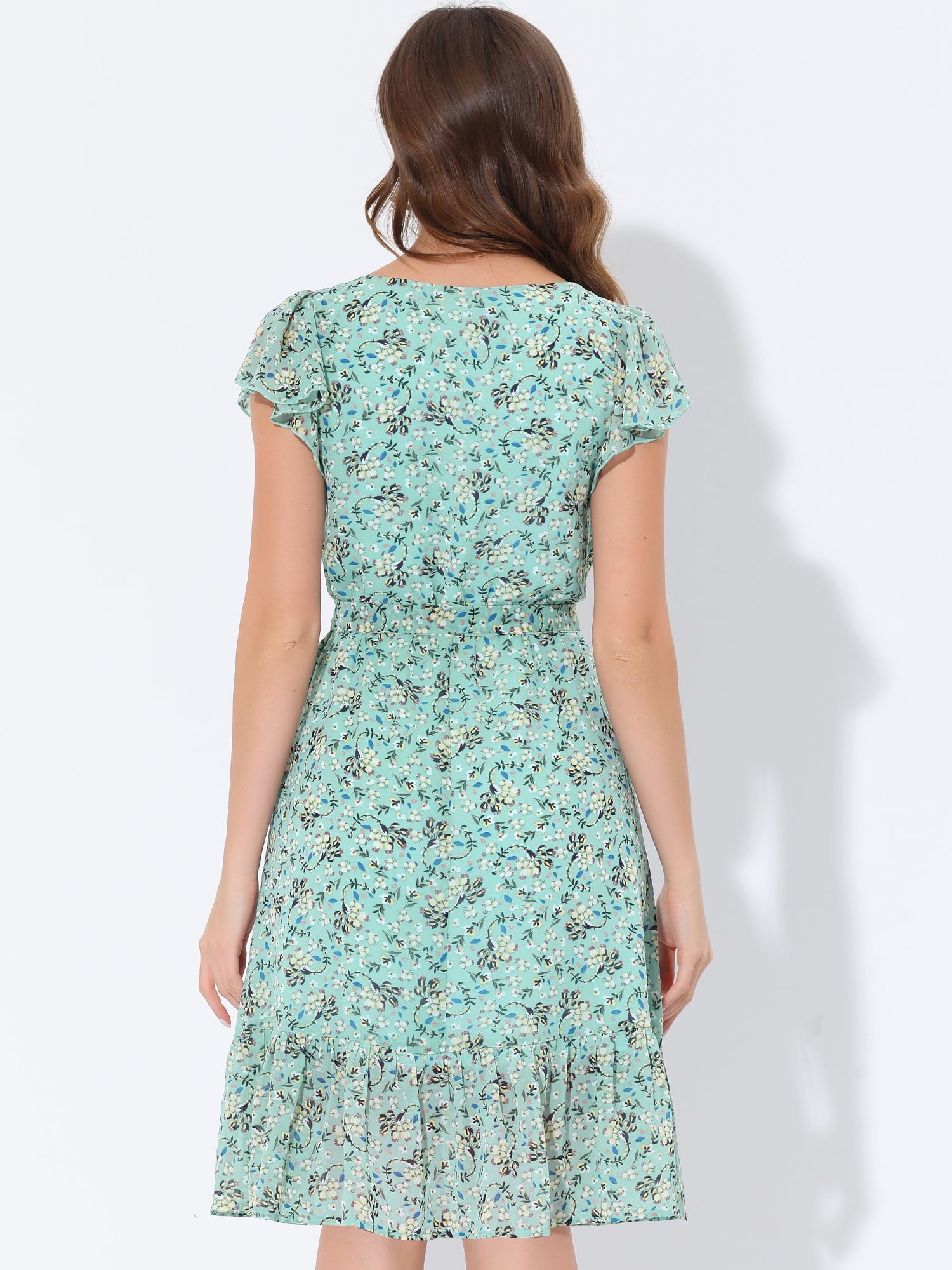 DARING DIVA Square Neck Flutter Sleeve A-Line Midi Dress M Green
