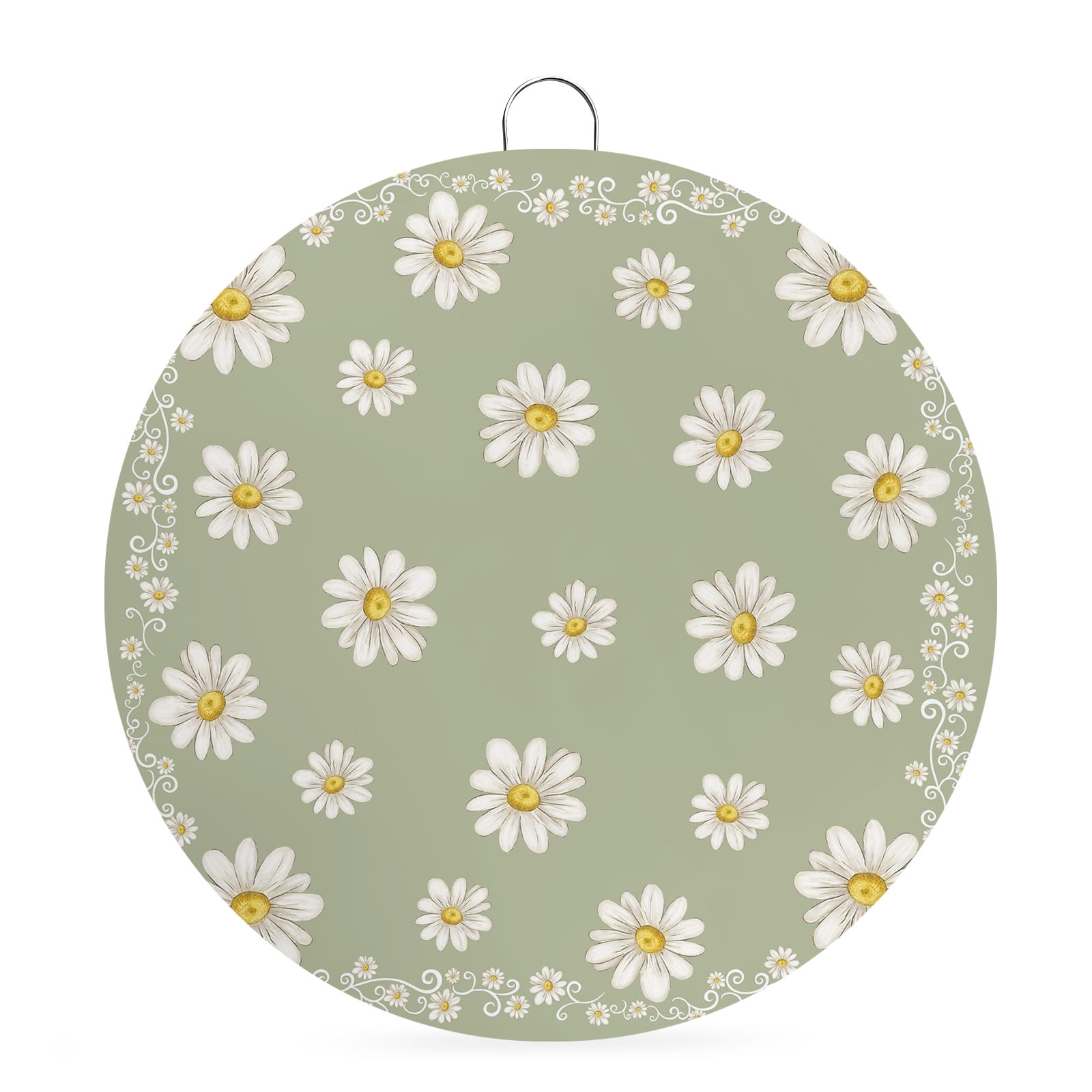 Round Welcome Sign for Front Door Sage Green Spring Floral Hanging Metal Farmhouse Wall Decor for Porch Entryway Daisy Flowers Elegant Farmhouse Art Decoration for Holiday Housewarming Gift 8 in