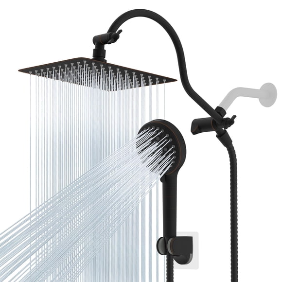 Cabezal de ducha Hibbent, totalmente metálico, 25 cm, color lluvia, con soporte portátil, color bronce frotado con aceite