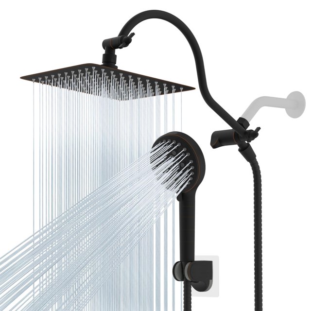 Cabezal de ducha Hibbent, totalmente metálico, 25 cm, color lluvia, con soporte portátil, color bronce frotado con aceite