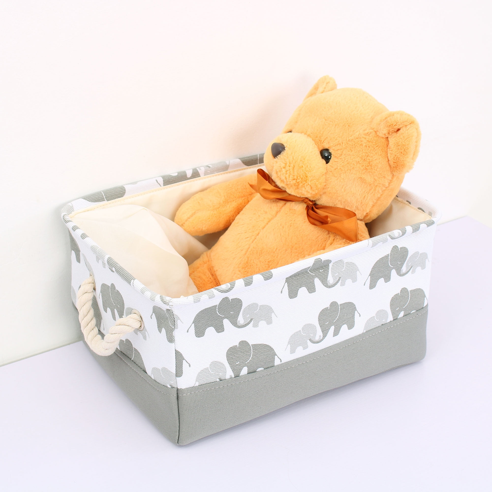PiccoCasa Collapsible Storage Bin Basket with Drawstring, Grey Elephant