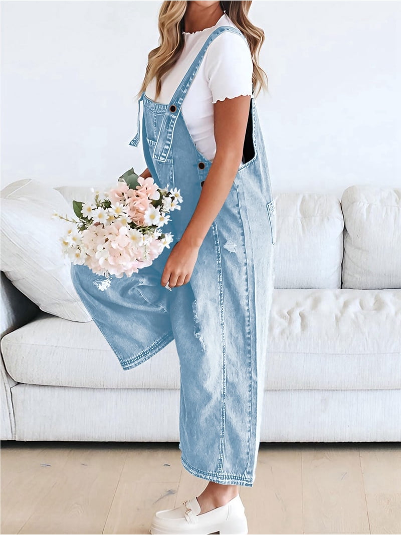 Women Loose Adjustable Strap Denim Bib Overall Jeans Distressed