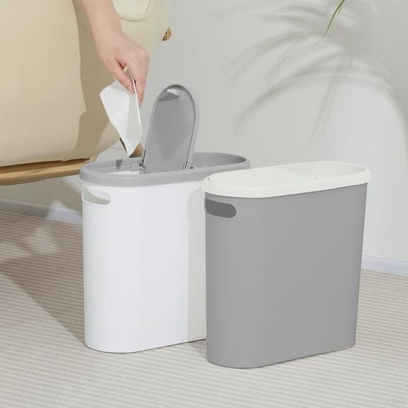 Dual Compartment Plastic Bathroom Wastebaskets, White & Gray, 2 Count