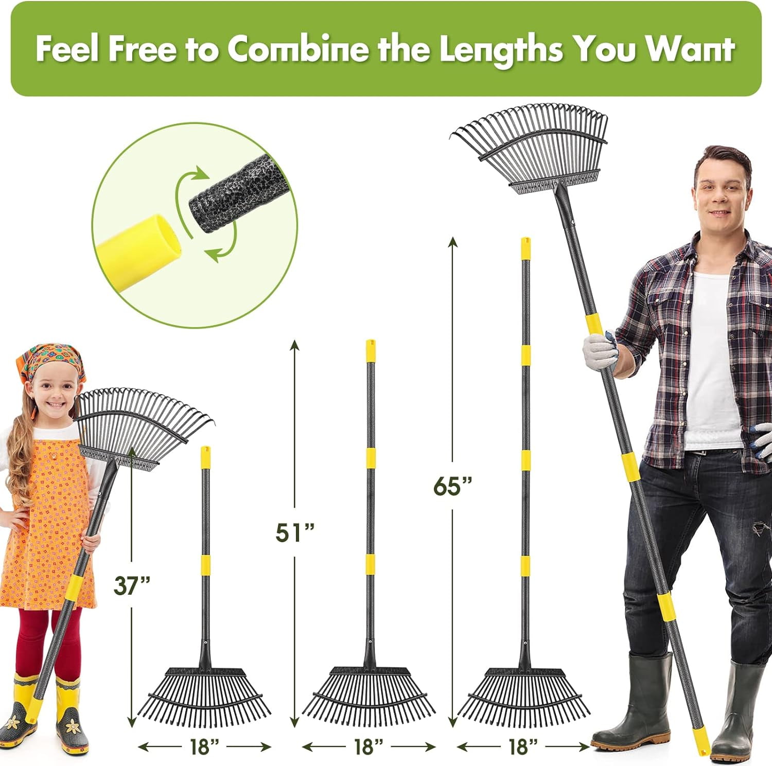 BsBsBest Rake for Leaves, Heavy Duty Garden Leaf Rake for Lawns, 65" Adjustable 25 Tines Metal Yard Rake