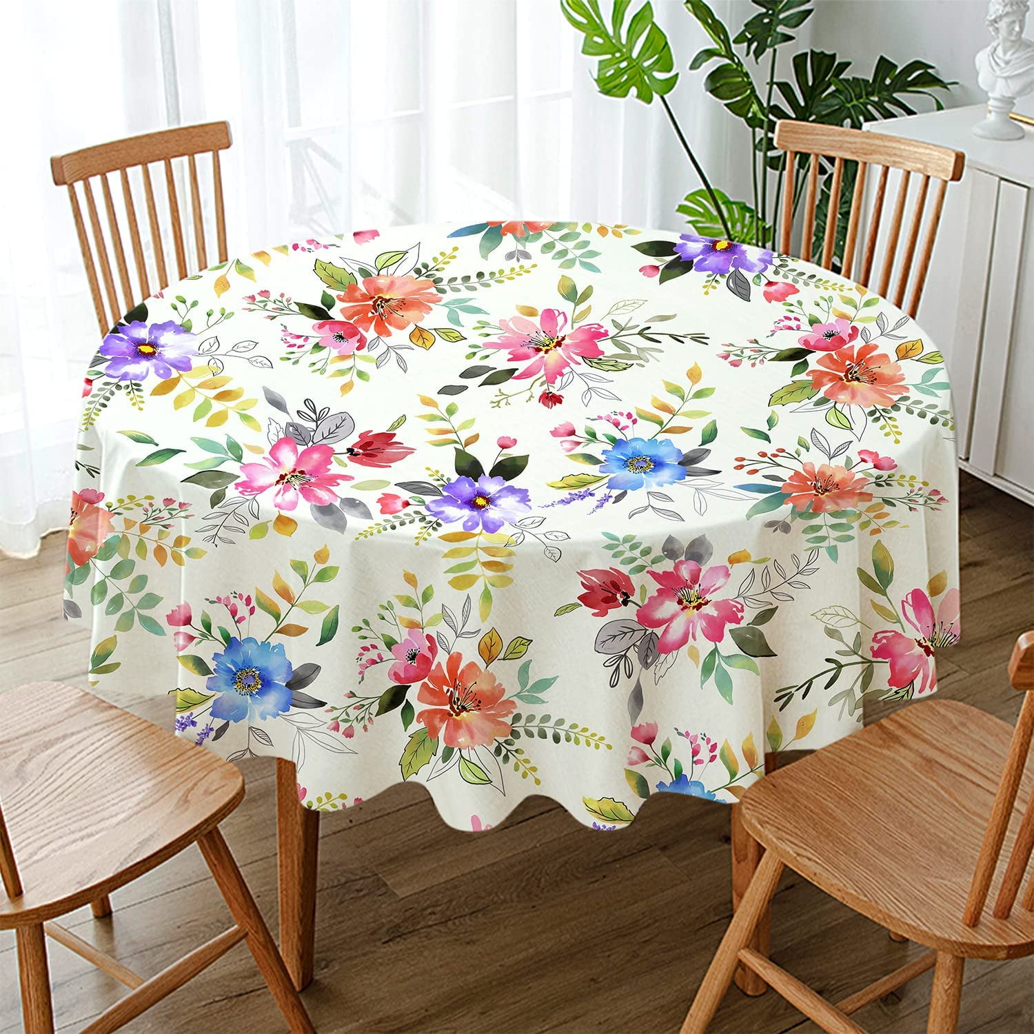 Neocular Waterproof Floral Tablecloth, Summer Tablecloth, Round 60 inch, Fabric Table Cloth for