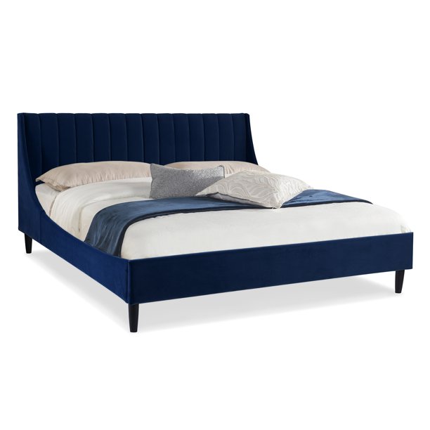Aspen Vertical Tufted Headboard Platform Bed Set, King, Navy Blue