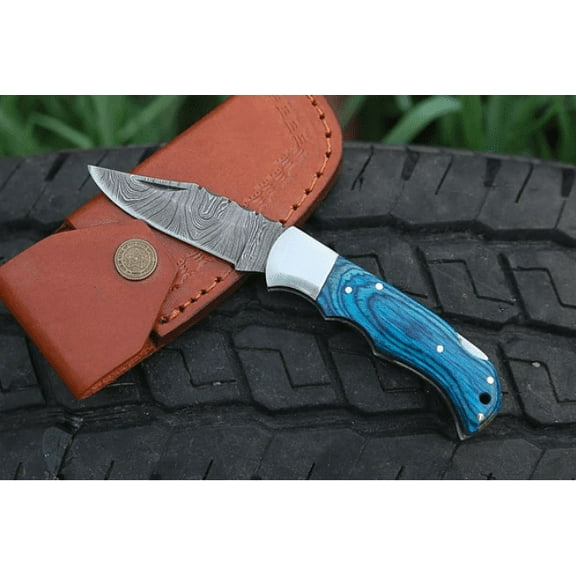 Blue Pakka Wood Damascus Steel Back Lock Pocket Knife With Stainless Steel Clips Camping Knife.
