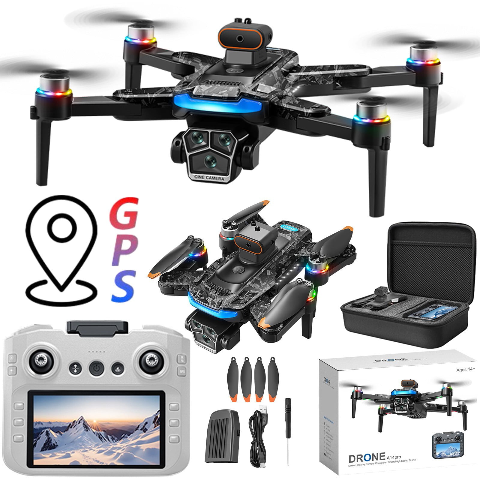 GPS Drone with 4.5 Inch Screen, Folding Body, 120°Ultra Wide Angle Lens, Brushless Motor And Cool LED Lights Drones with Storage Bag, Remote Control Toys Gifts