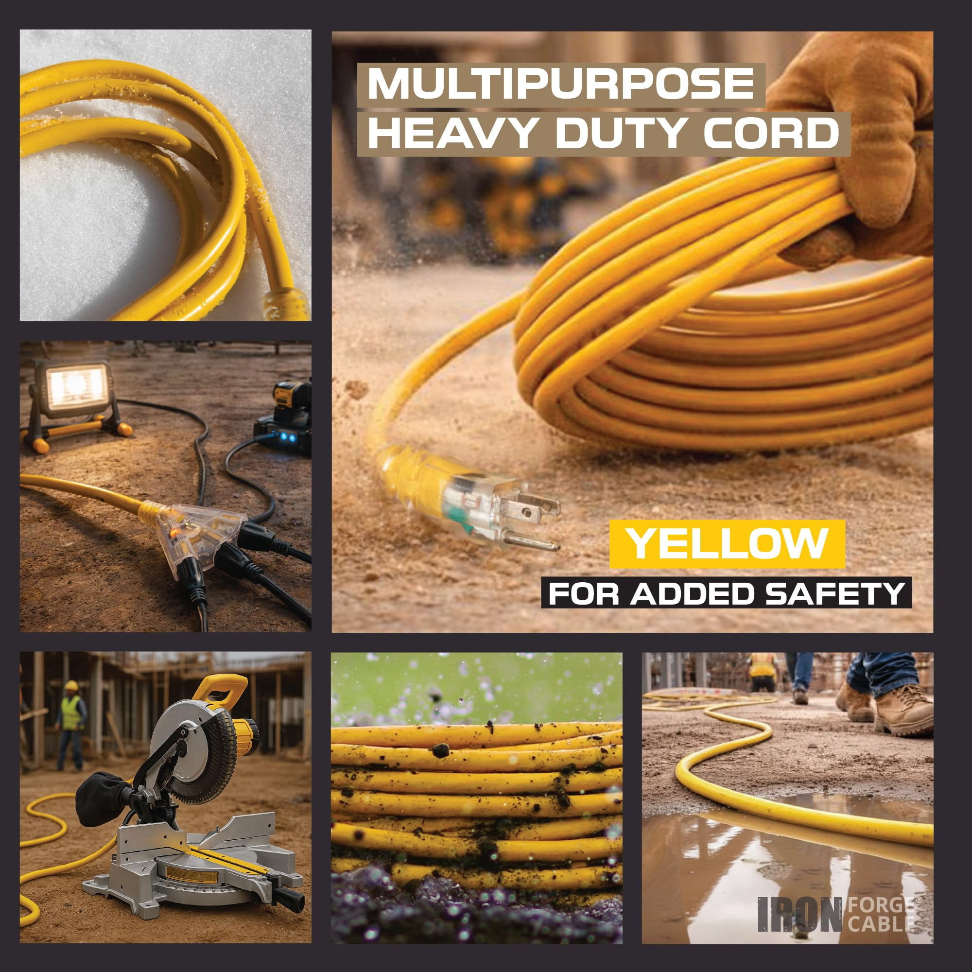 IRON FORGE CABLE 10 Foot Lighted Outdoor Extension Cord with 3 Electrical Power Outlets - 12/3 SJTW Heavy Duty Yellow Extension Cable with 3 Prong Grounded Plug for Safety, 15 AMP