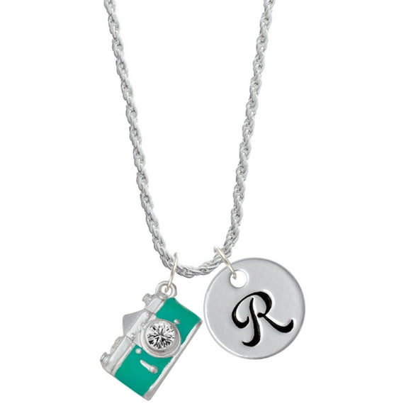 Delight Jewelry Silvertone Teal Camera Silvertone Script Initial Disc - R - Charm Necklace, 20"+3"