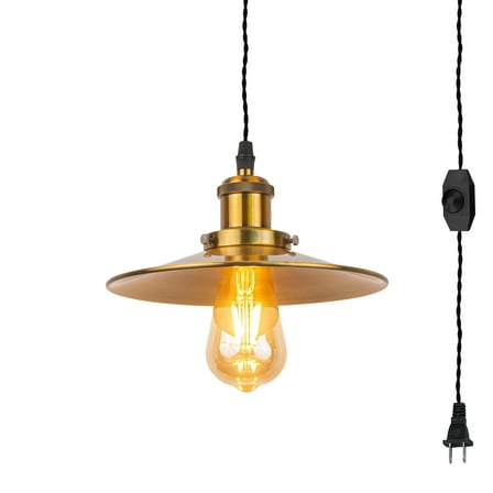 Kiven 1-Light Plug in Pendant Light,Industrial Hanging Light with 15FT Cord, Dimmable Ceiling Pendant Light Gold Finish