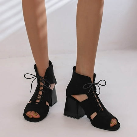

HAOTAGS Women s Sexy Lace Up Sandals Slide Sandals Clip Toe Platform Wedge Casual Summer Sandals Black Size 7.5