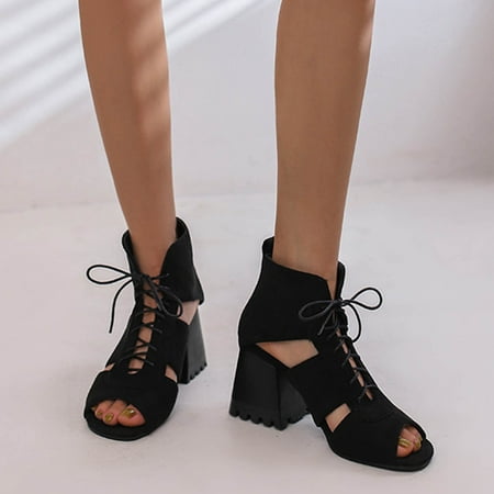 

Josdec Womens Shoes Clearance Roman Sandals Chunky Flat Head Hollow Out High Heels