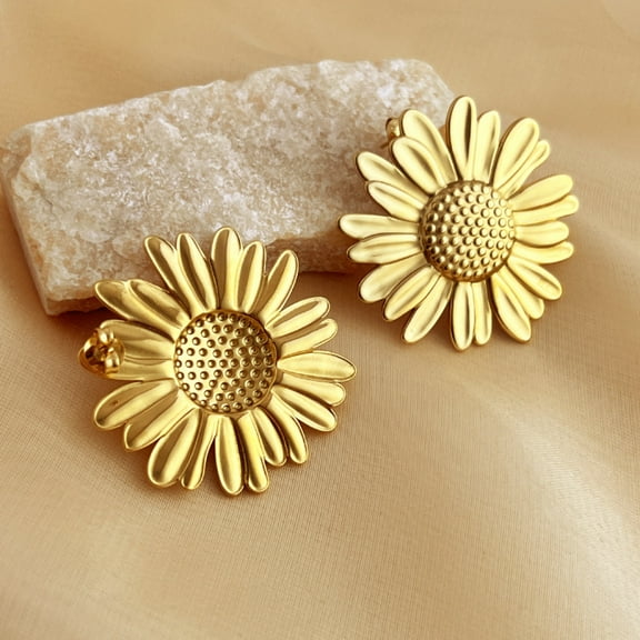 2pairs 304 Stainless Steel Stud Earrings Sunflower Golden 43.5x44mm