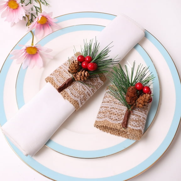 Burlap Napkin Rings Set of 6, Rustic Napkin Rings Handmade by Pinecones and Berries, Napkin Ring for Christmas Wedding Thanksgiving Dinner Table Decor