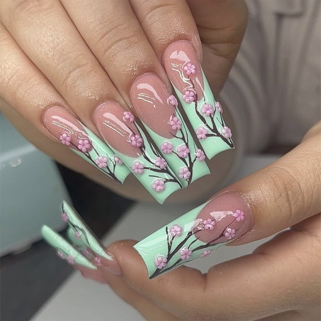 Uñas postizas artificiales con pegamento, puntas de uñas postizas con diseño de corazón, prensa desmontable, uñas de acabado largo, 24 piezas