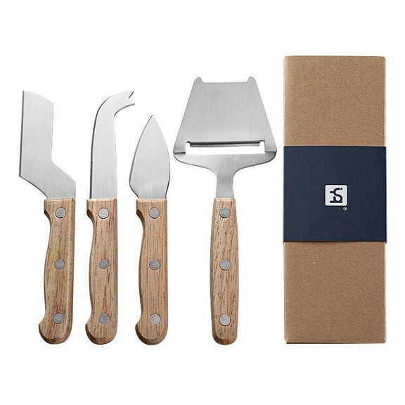 Rubber wood handle cheese knife 4-piece set, stainless steel cheese knife set, paper box packaging
