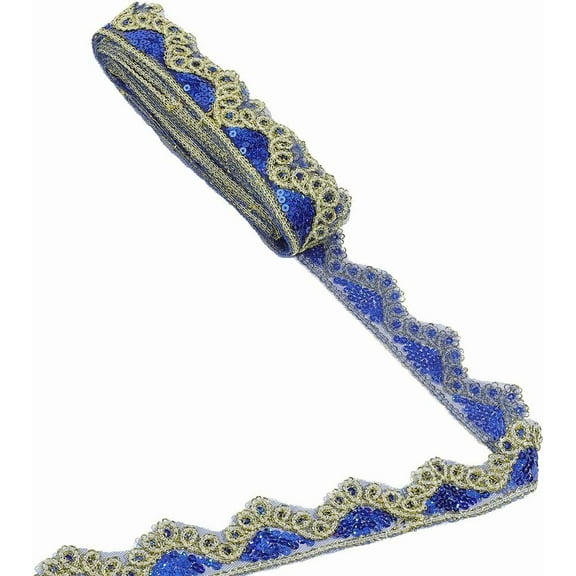 10yards Sparkle Polyester Lace Ribbon Flower Edge Lace Trimming with Paillette Clothing Accessories Blue 1-3/4 inch(43.5mm)