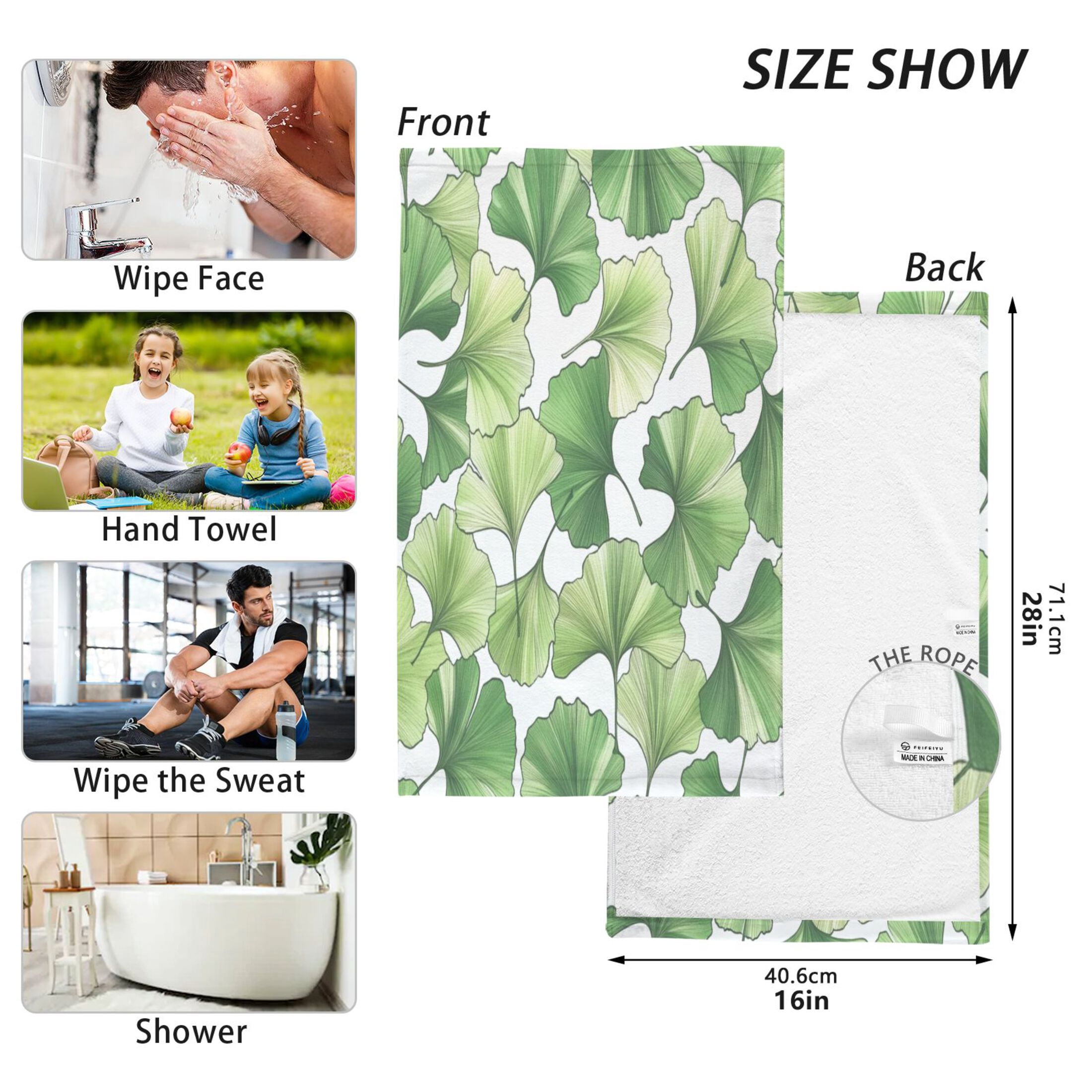 2 Pcs Absorbent Face Towel Bath Hand Towels Soft Breathable Cotton Towel Set for Bathroom Kitchen Hotel Spa Decor Green Ginkgo Biloba