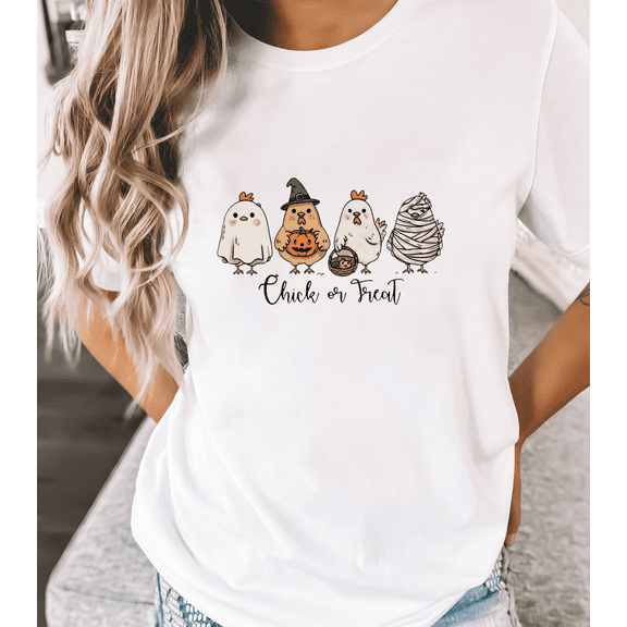 Funny Halloween T-Shirt Chick or Treat Cartoon Chicken Witch Mummy Tee S-4XL
