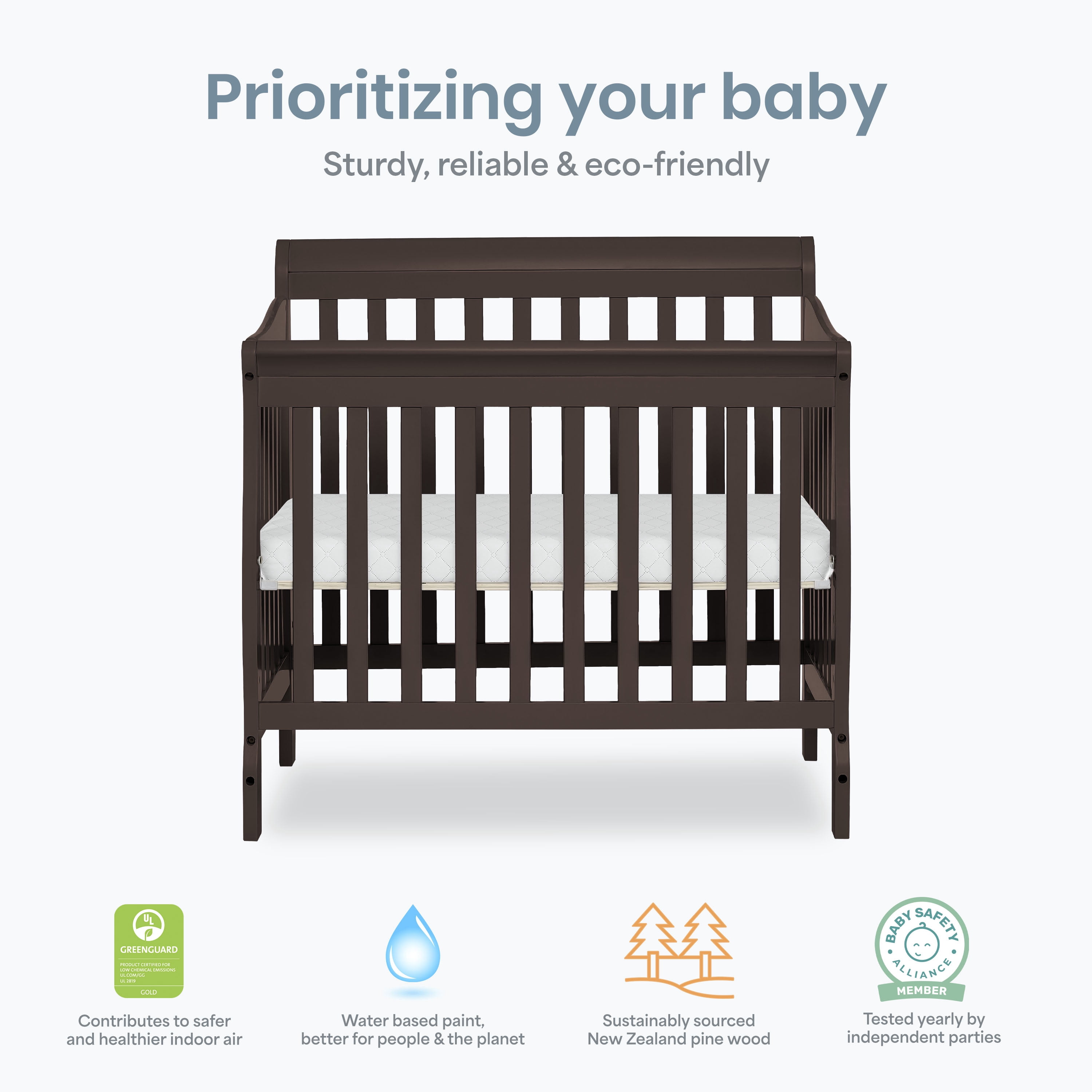 Dream On Me Aden 4-in-1 Convertible Mini Crib In Chocolate Chip, Greenguard Gold Certified