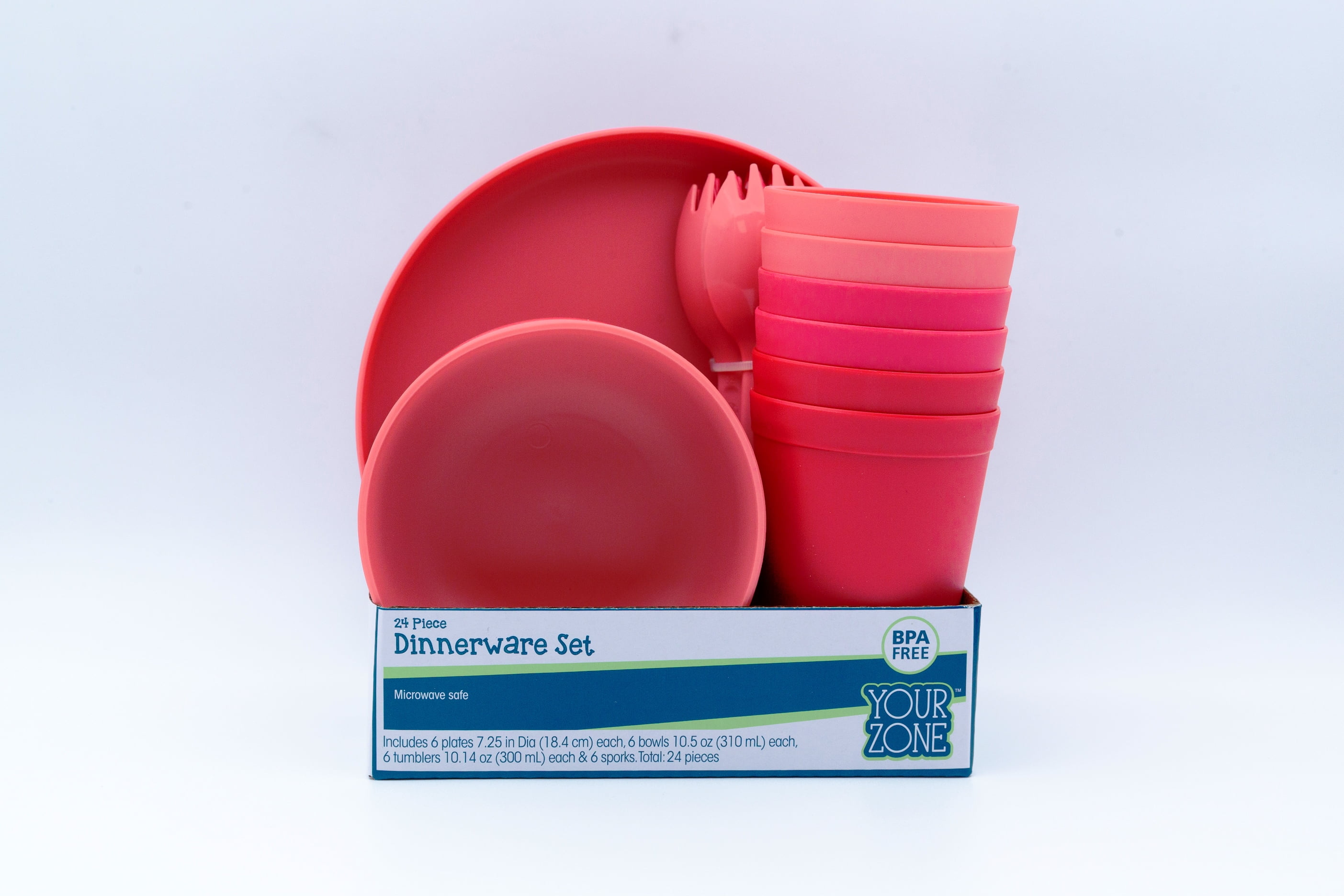 Your Zone 24 Piece Plastic Dinnerware Set for Kids with 4 each Trays, Bowls, Plates, Cups, Forks, Spoons in Pink, Light Pink, Magenta