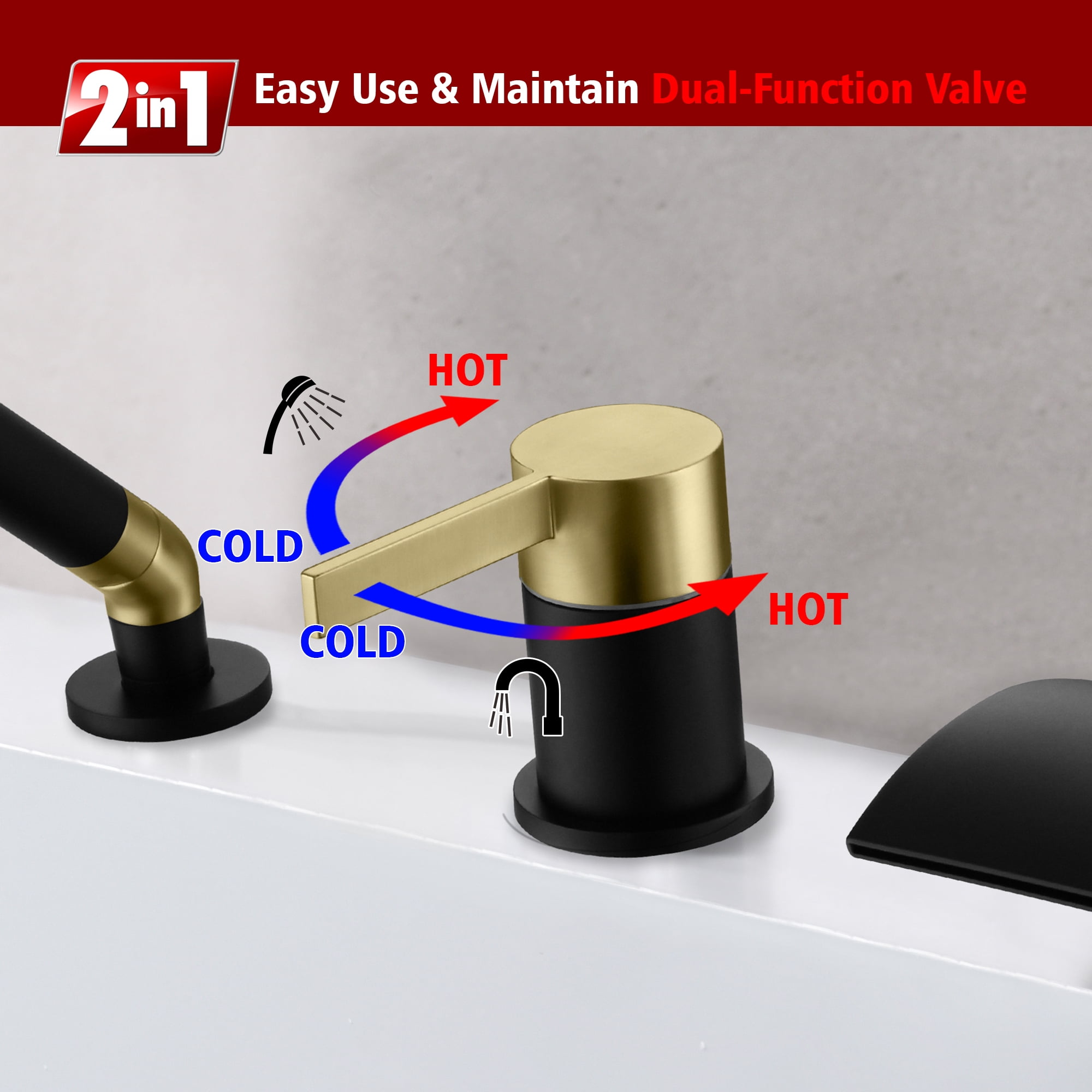 SUMERAIN 3 Hole Roman Tub Faucet with Hand Shower, High Flow Waterfall Tub Filler Black and Gold Finish