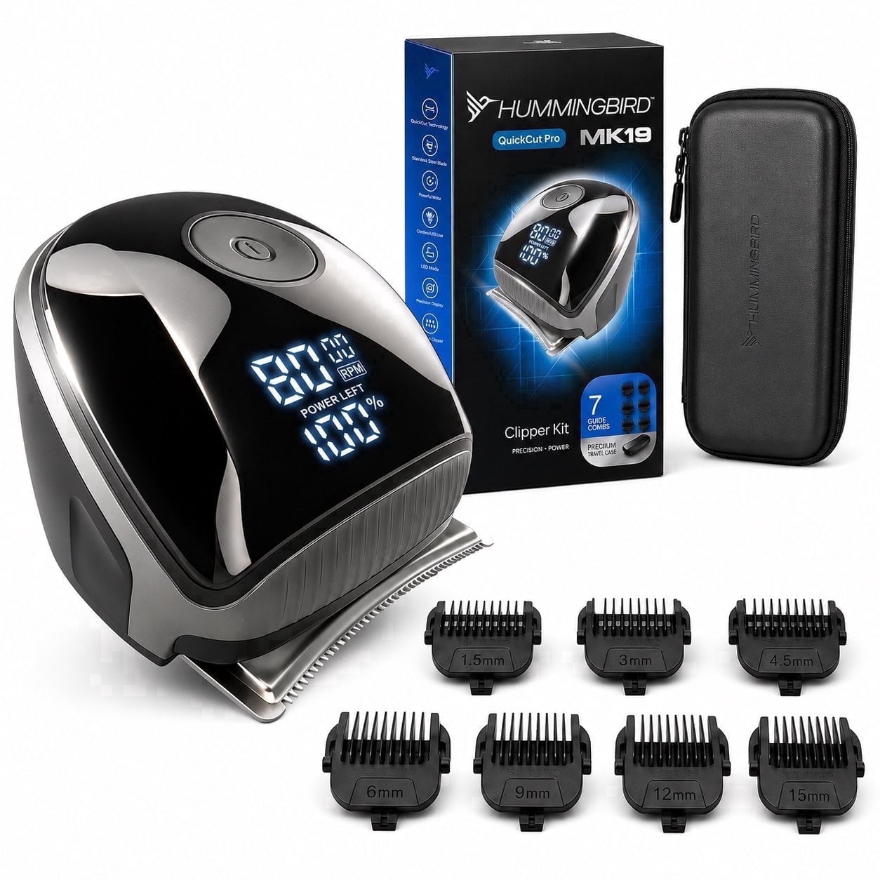 Hummingbird MK19 QuickCut Pro Cordless Hair Clipper Kit for Men, Self-Haircut Trimmer, Waterproof Electric Razor for Head, Beard and Body, LED Display, 7 Guide Comb Sizes, USB-C Charging, Case