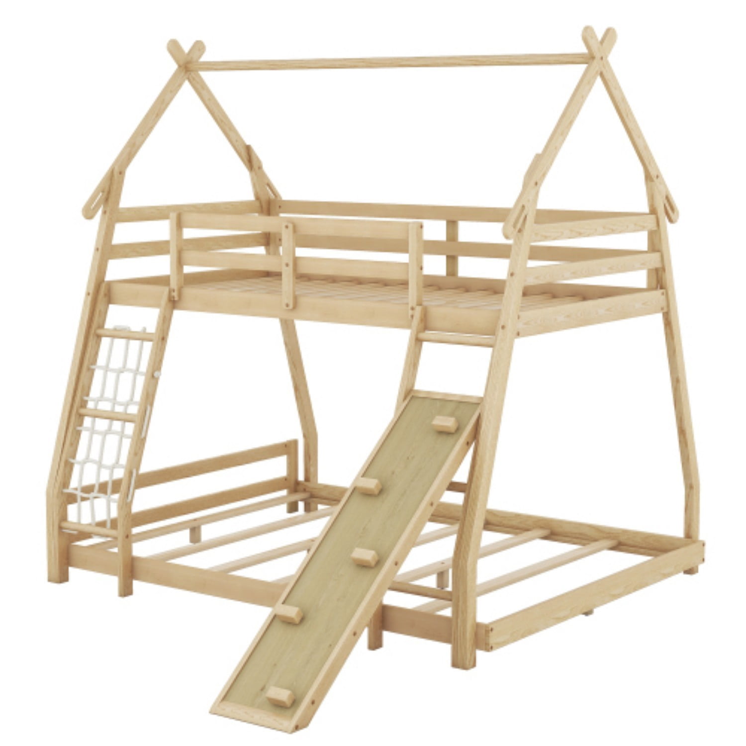 Twin Over Queen House Bunk Bed with Climbing Net & Ramp, Wooden Loft Bed with Guardrails, Space Saving Kids Bunk Bed for Bedroom, Natural