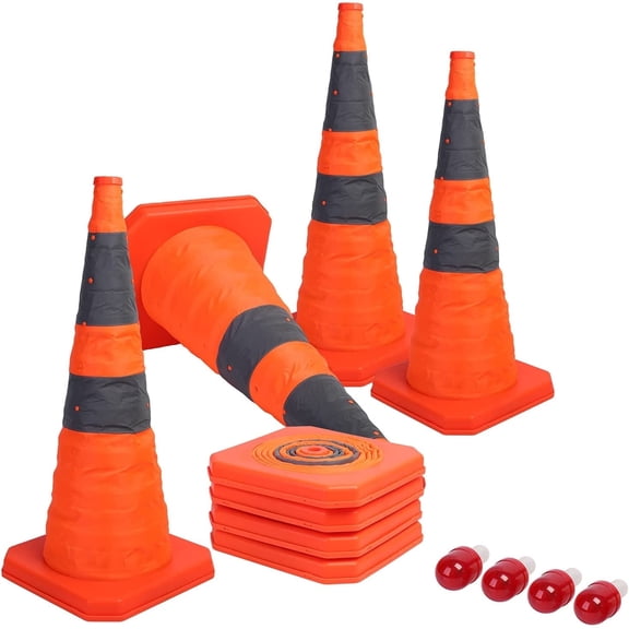 Bibana 4 Pack 28 inch Collapsible Traffic Cones with LED Light Multi Purpose Pop up Reflective Safety Cone (Orange x4)