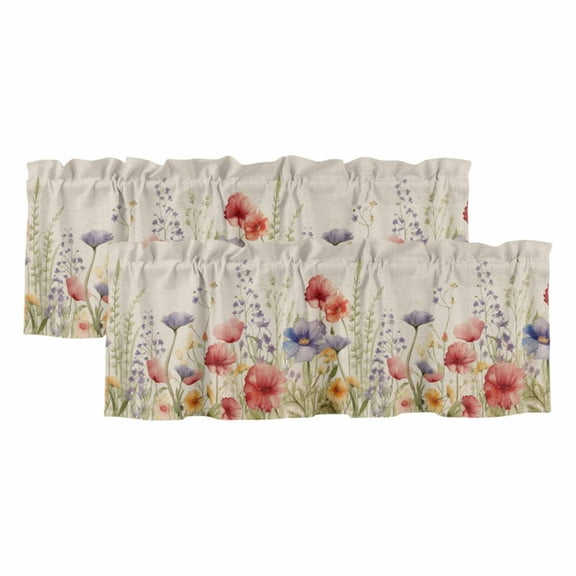 2 Pack Spring Rustic Valance for Window Flowers Daisy Lavender Watercolor Plant Leaves Linen Kitchen Valance Rod Pocket Short Curtain Topper Window Treatment for Living Room Bedroom 60"x18"